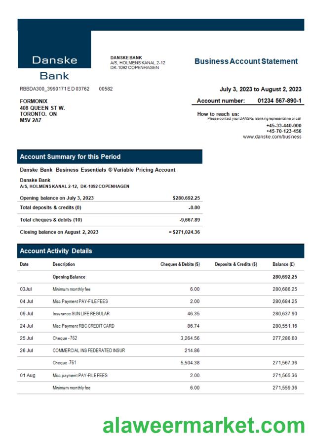 Danske Bank enterprise statement Word and PDF template